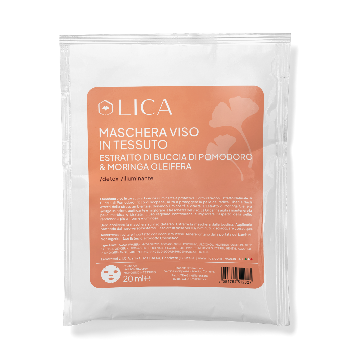 MASCHERA VISO IN TESSUTO Estratto di Buccia di Pomodoro & Moringa Oleifera